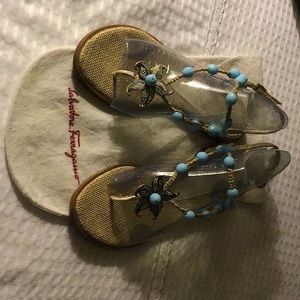 FERRAGAMO LIGHT BLUE & BEIGE BEAD & CORD SANDALS